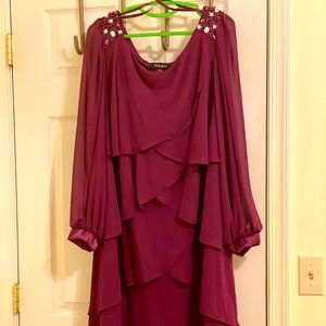 Wine colored tiered dress. Size 22W, sheer long sleeves with satin ends.